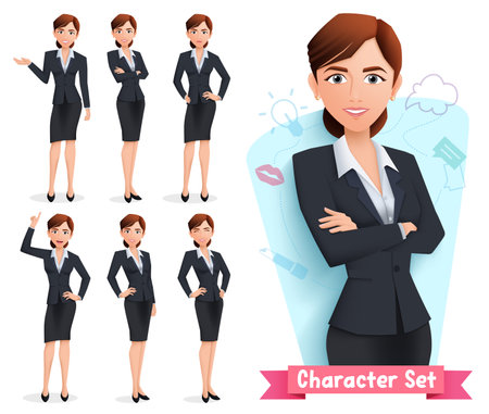 Businesswoman characters vector set. Business woman character in standing, talking and relaxing pose and gestures for office female employee collection design. Vector illustrationのイラスト素材