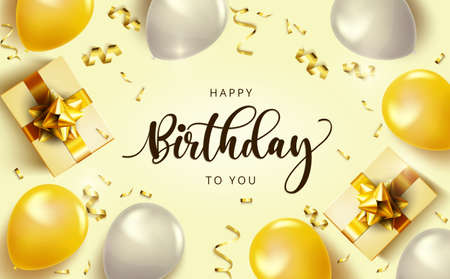 Happy birthday to you text with balloons, gifts and confetti celebrating elementsのイラスト素材