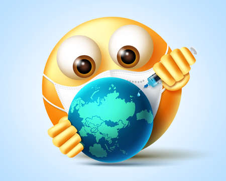 Smiley  vaccine vector design. Emoji 3d character vaccinating the world with syringe element for worldwide vaccination emoticon campaign. Vector illustrationのイラスト素材