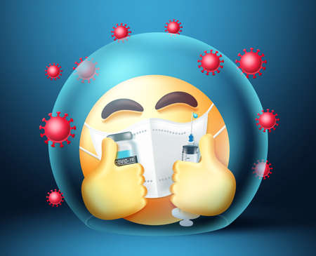 Smiley  vaccine vector design. Emoji 3d vaccinated character with shield protection element in safe and happy expressions for vaccination emoticon health campaign.のイラスト素材