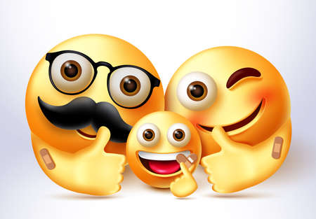 Smiley family vaccine vector banner design. Emoji 3d vaccinated family characters in happy and safe expressionsのイラスト素材
