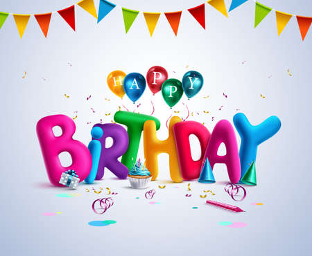 Birthday 3d vector banner design. Happy birthday text with colorful elements like balloons, pennants, confetti and cupcake for cute kids birth day celebration greeting design. Vector illustrationのイラスト素材