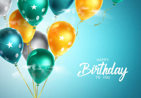 Birthday flying balloons vector design. Happy birthday to you greeting text with balloon bunch element floating in blue sky for birth day card decoration. Vector illustrationのイラスト素材