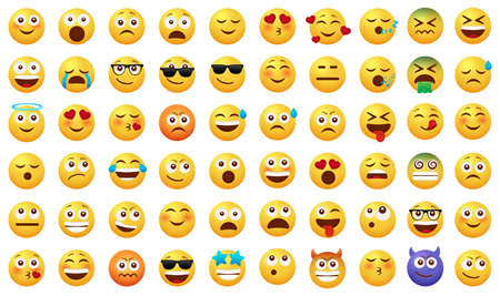 Smileys emoticon vector set. Smiley emoji with happy, funny, sad and in love facial expressions isolated in white background for emoticons icon cartoon collection design. Vector illustrationのイラスト素材
