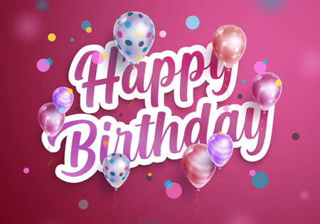 Happy birthday vector design. Happy birthday text in paper cut pink decoration and background with floating pattern balloons element for greeting card design. Vector illustrationのイラスト素材
