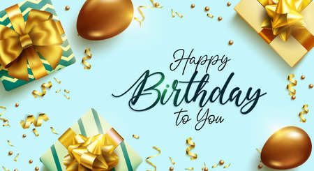 Happy birthday vector background design. Happy birthday to you greeting text with gold elegant gifts, ribbon and balloons elements for birth day party celebration card design. Vector illustrationのイラスト素材