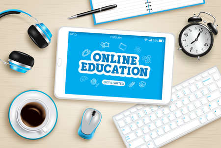 Online education vector design. Online education text in tablet device screen with school e-learning elements for internet distance learning course. Vector illustrationのイラスト素材