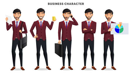 Business man characters vector set. Businessman male employee character in standing, calling and holding office elements for staff worker cartoon collection design. Vector illustrationのイラスト素材