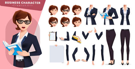 Businesswoman creation kit vector set. Business woman editable character kit with standing and holding pose and gesture for body parts and facial expressions creator design. Vector illustrationのイラスト素材
