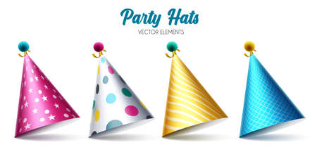 Birthday party hats vector set. Colorful hat elements isolated in white background for celebrating birth day party event decoration. Vector illustrationのイラスト素材