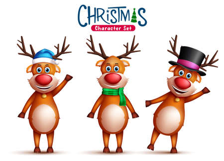 Reindeer christmas character vector set. 3d santa's reindeer characters in cute and jolly facial expressions wearing hat and scarf for xmas collection design. Vector illustrationのイラスト素材