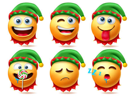 Elf smileys christmas character vector set. Elfs smiley characters in sleeping, eating and naughty facial expressions for xmas cute 3d emojis collection design. Vector illustrationのイラスト素材