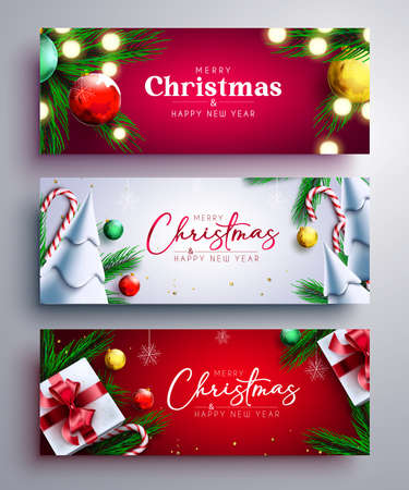 Christmas vector banner set. Merry christmas greeting text with xmas decoration elements like gifts, balls and leaves for holiday celebration card design collection. Vector illustrationのイラスト素材