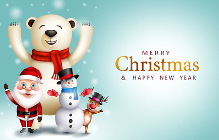 Merry christmas greeting vector design. Merry christmas text with santa claus, bear, snowman and reindeer waving characters for xmas season celebration. Vector illustrationのイラスト素材