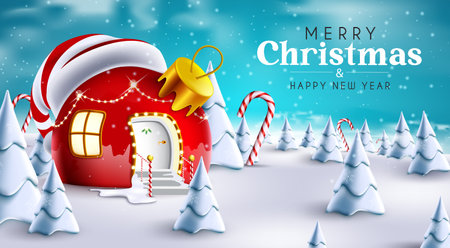 Merry christmas greeting vector design. Merry christmas text with red house xmas ball decoration in snow winter outdoor background for holiday season celebration. Vector illustrationのイラスト素材