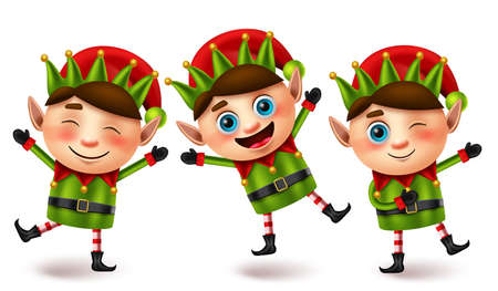 Elfs christmas characters vector set. Elf cute character in fun and joyful facial expression with jumping pose and gesture for xmas little kids collection element design. Vector illustration.のイラスト素材