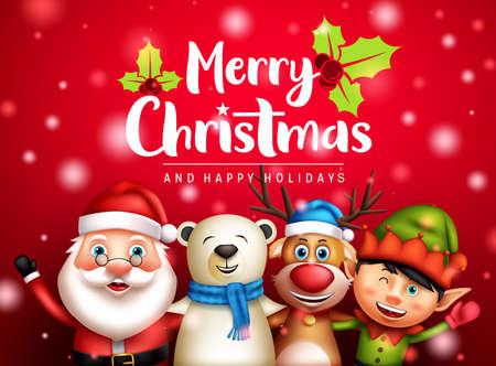 Christmas greeting characters vector design. Merry christmas text with santa claus, elf, polar bear and reindeer friends xmas character for happy holiday season design. Vector illustration.のイラスト素材