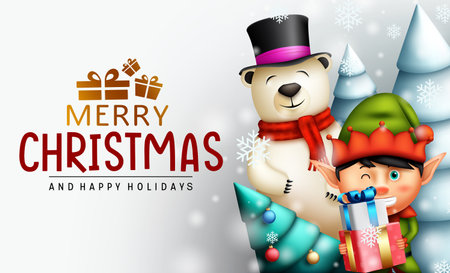 Merry christmas characters vector design. Merry christmas greeting text with cute polar bear and elf xmas character for holiday season celebration card. Vector illustration.のイラスト素材