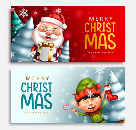 Christmas characters vector banner set. Merry christmas greeting text with santa claus and elf character holding gift and candy cane for xmas design collection. Vector illustration.のイラスト素材