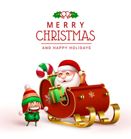 Christmas characters vector design. Merry christmas greeting text with santa claus riding sleigh and giving gift to elf character for xmas celebration card. Vector illustration.のイラスト素材