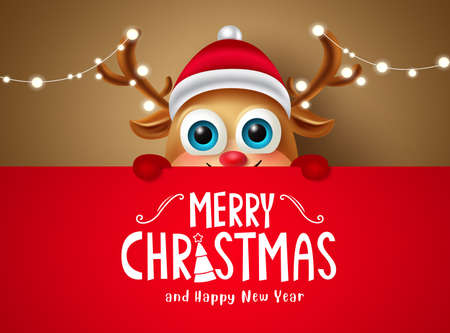 Christmas reindeer character vector template. Merry christmas text in red space for xmas messages with cute reindeer character hiding for greeting card design. Vector illustration.のイラスト素材