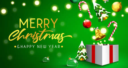 Christmas greeting vector background design. Merry christmas text with ornament xmas elements in gift box for holiday season present and card decoration. Vector illustration.のイラスト素材