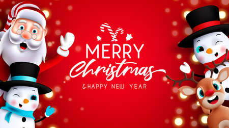Christmas greeting characters vector design. Merry christmas text with santa claus, reindeer and snowman waving in red background for xmas holiday season. Vector illustration.のイラスト素材