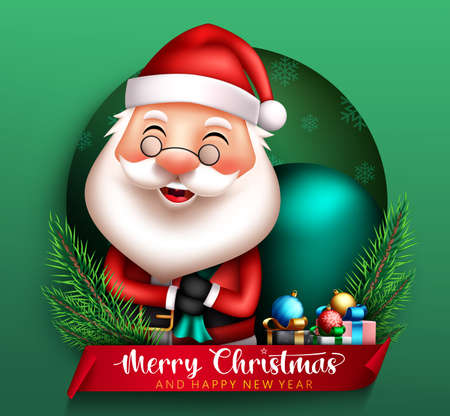 Christmas santa vector concept design. Merry christmas text with cute smiling santa claus holding sack bag element for xmas greeting card background. Vector illustration.のイラスト素材