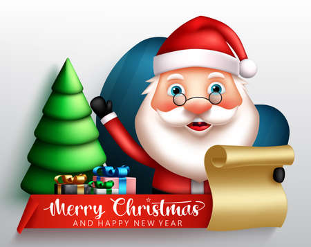Christmas santa vector concept design. Merry christmas greeting text with friendly santa claus waving and holding letter for xmas happy holiday. Vector illustration.のイラスト素材