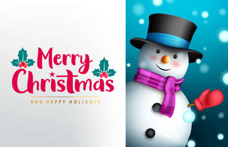 Christmas snowman vector template design. Merry christmas greeting text in white space with waving friendly snow man character for xmas winter card. Vector illustration.のイラスト素材