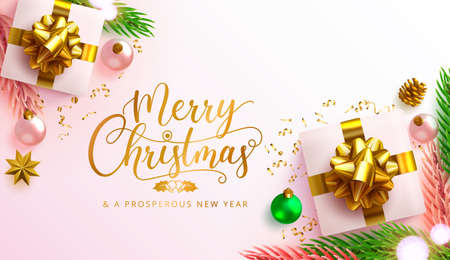 Merry christmas vector background design. Merry christmas and happy new year text with gifts and xmas decoration elements for holiday season greeting card. Vector illustration.のイラスト素材