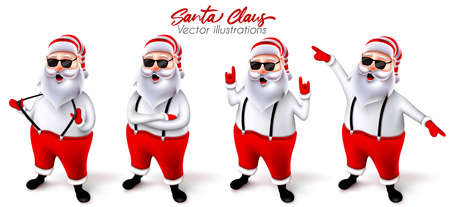 Santa claus christmas character vector set. Santa claus 3d characters in cool and jolly pose with rock n roll and dancing gestures for cute xmas collection design. Vector illustration.のイラスト素材