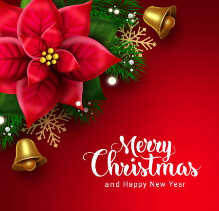 Merry christmas vector design. Merry christmas text with poinsettia flower element in red background for xmas holiday season background. Vector illustration.のイラスト素材
