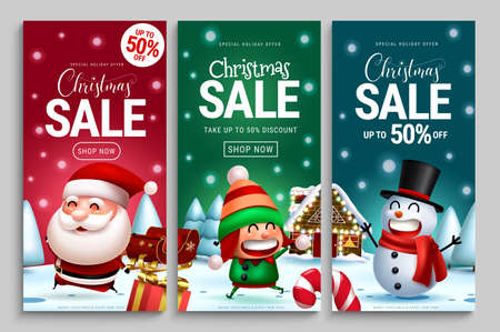 Christmas sale vector poster set. Christmas sale text with up to 50% off price discount for xmas seasonal shopping and business promotion banner ads. Vector illustration.のイラスト素材