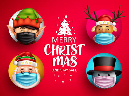 Christmas greeting characters vector design. Merry christmas and stay safe text with happy character wearing face mask for xmas celebration card. Vector illustration.のイラスト素材