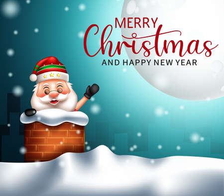 Merry christmas santa vector background design. Merry christmas greeting text with friendly santa claus character waving in roof chimney for xmas eve happy holiday celebration. Vector illustration.のイラスト素材