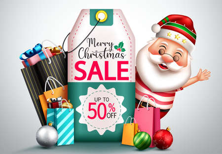 Christmas sale vector design. Merry christmas sale text in price tag element up to 50% off discount with santa character for holiday seasonal shopping business promo. Vector illustration.のイラスト素材