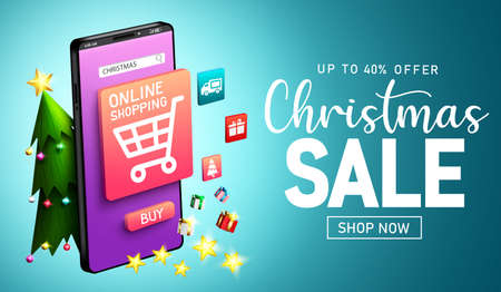 Christmas online sale vector banner design. Christmas sale text with online mobile shopping app for xmas virtual shop promotion ads. Vector illustration.のイラスト素材