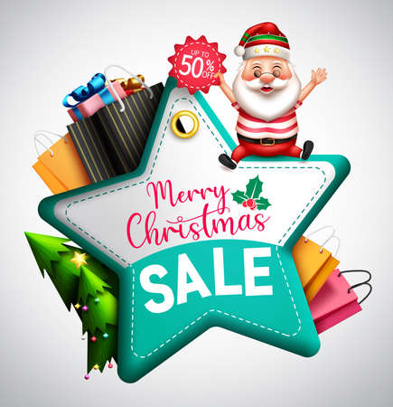 Christmas sale vector design. Merry christmas sale text in price tag star element and santa character with up to 50% off discount for xmas gifts seasonal promo ads. Vector illustration.のイラスト素材