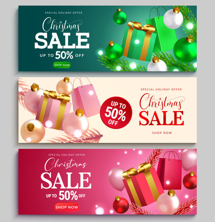 Christmas sale vector banner set. Christmas sale special holiday offer text with up to 50% off price discount for xmas shopping celebration promotion. Vector illustration.のイラスト素材