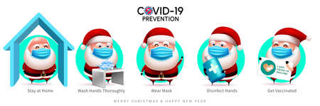 Christmas covid-19 prevention vector design. Covid-19 prevention text with santa claus 3d characters in safety measures for xmas safety campaign. Vector illustration.のイラスト素材