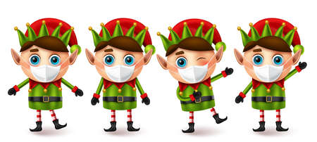 Elfs christmas character vector set. Elf collection characters wearing face mask for covid-19 campaign for new normal xmas elements design. Vector illustration.のイラスト素材