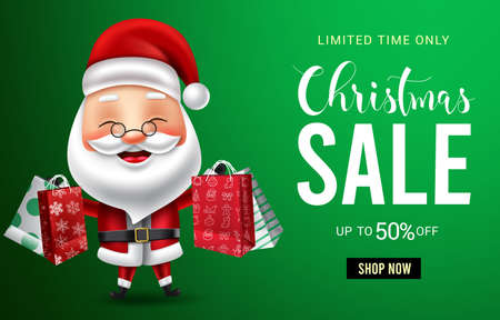 Christmas sale vector banner design. Santa claus character holding shopping bags with christmas promotion text for xmas holiday advertisement. Vector illustration.のイラスト素材