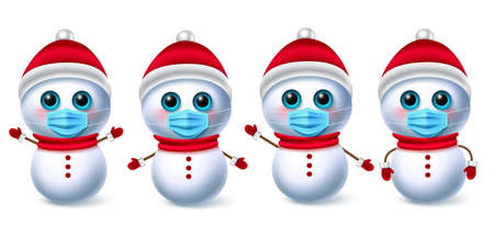 Snow man christmas character vector set. Snowman collection characters wearing face mask for covid-19 campaign for new normal xmas elements design. Vector illustration.のイラスト素材