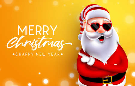 Merry christmas greeting vector design. Merry christmas text with 3d cool santa claus character wearing heart sunglasses for happy xmas holiday season celebration. Vector illustration.のイラスト素材