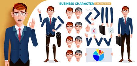 Business man character kit vector set. Businessman creation characters with hand gestures and head facial expressions editable for job employee body parts creator design. Vector illustration.のイラスト素材