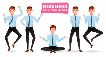 Business man characters vector set. Businessman graphic character in cheerful, jolly, relaxing and upset pose and expressions isolated in white background for employee worker design.のイラスト素材