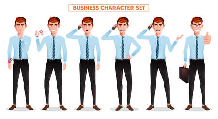 Businessman employee characters vector set. Business man character holding and talking to phone element isolated in white background for sales man staff collection design. Vector illustration.のイラスト素材