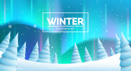 Winter northern lights vector background design. Winter text with aurora borealis and fir trees elements in snowy ice land for cold snow season landscape. Vector illustration.のイラスト素材