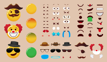 Emoji creator vector set design. Smiley emoticon character kit with eyes, mouth and costume editable elements for emojis face expression parts collection. Vector illustration.のイラスト素材